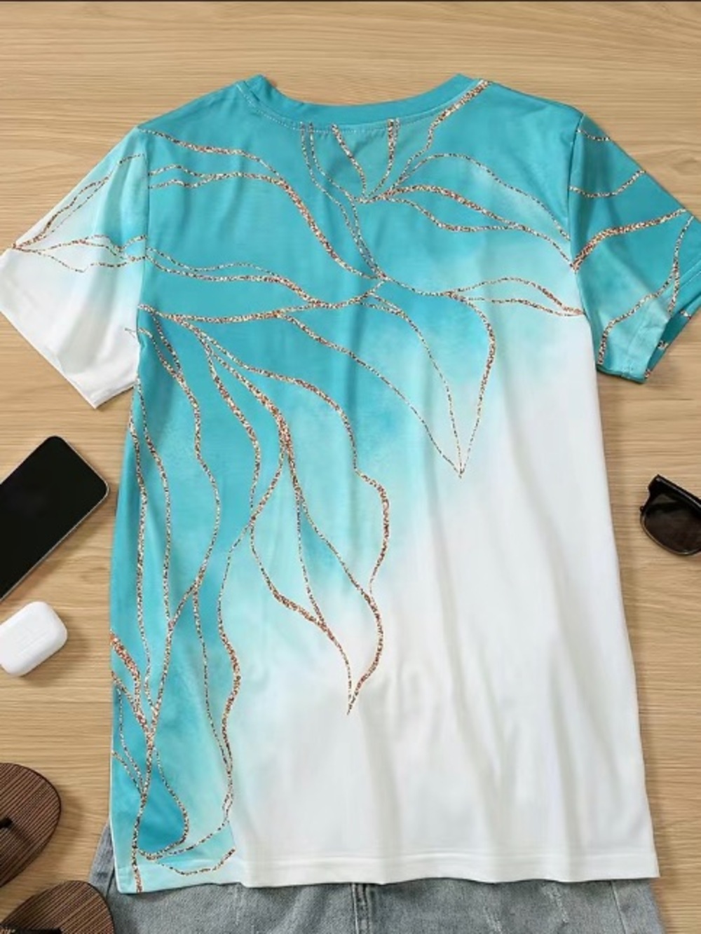 Women's Teal and White Ombre Short Sleeve Top with Gold Leaf Detail - Picture 3 of 6